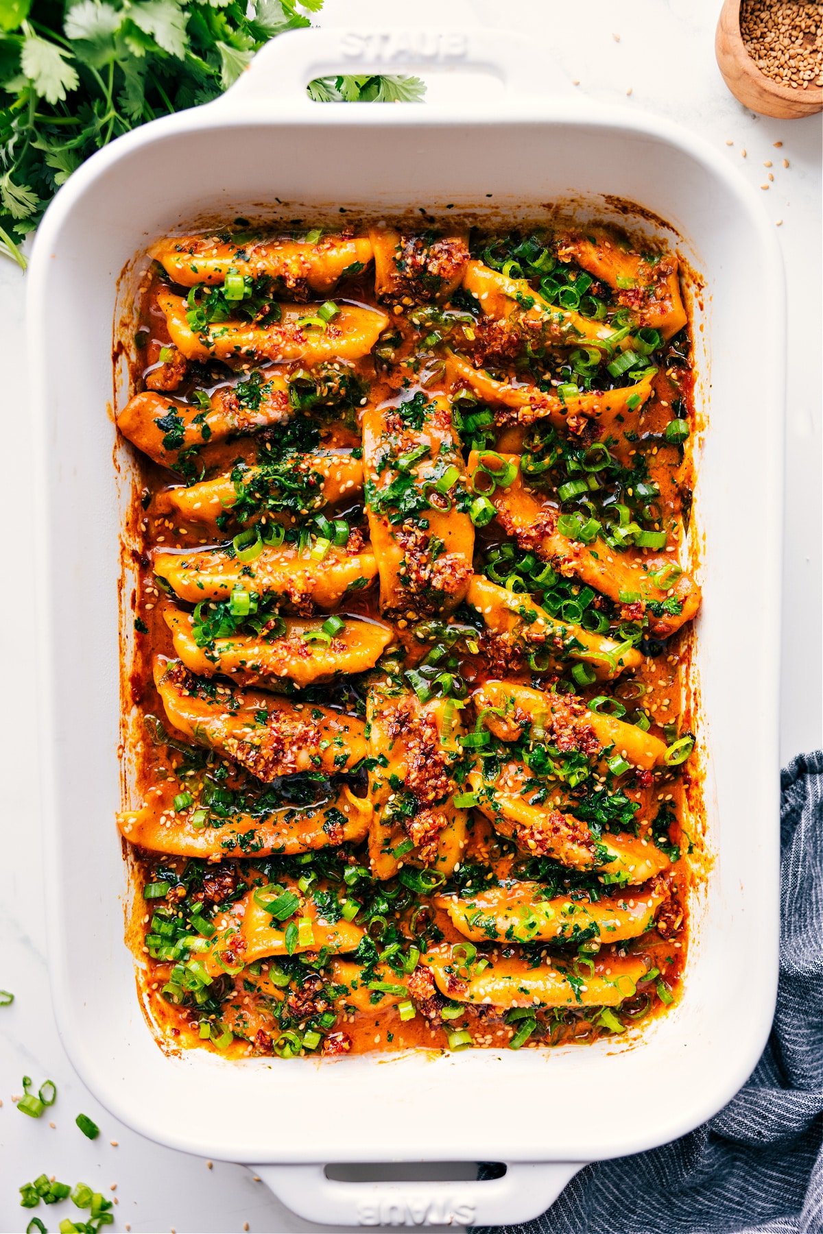 One-pan dumpling dinner recipe.