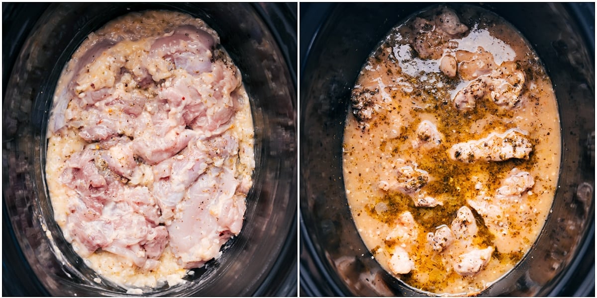 All the ingredients for Crockpot Marry Me Chicken added to the slow cooker to cook.