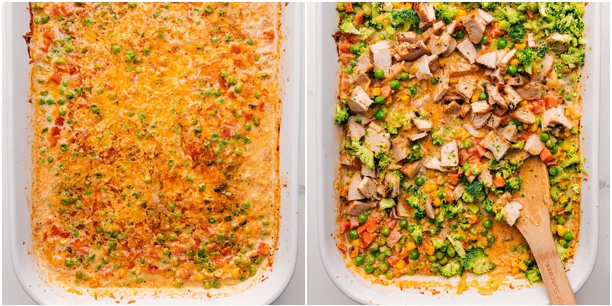 How To Make Chicken Orzo Bake Chicken Orzo Bake assembled in a casserole dish with ingredients baked together, then finished with chicken, broccoli, and extra cheese stirred in at the end.