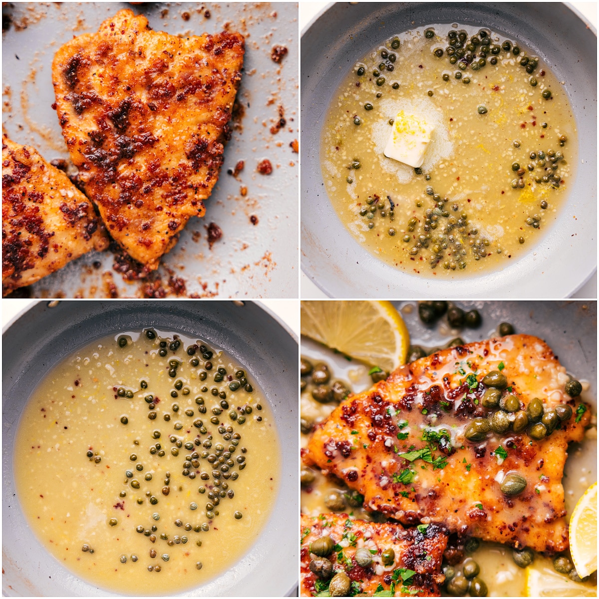 How To Make Chicken Piccata The chicken piccata cooked to crispy perfection with the butter sauce mixed in the skillet, ready to be enjoyed.