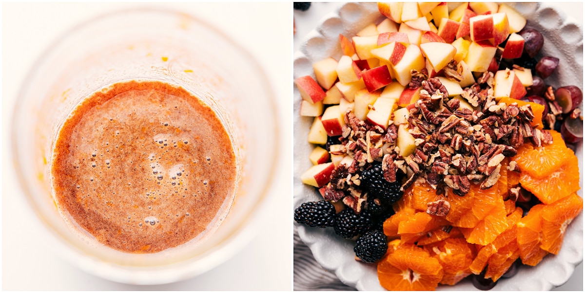 The dressing mixed together in a mason jar and the salad ingredients added to a bowl to mix together for this fall fruit salad.