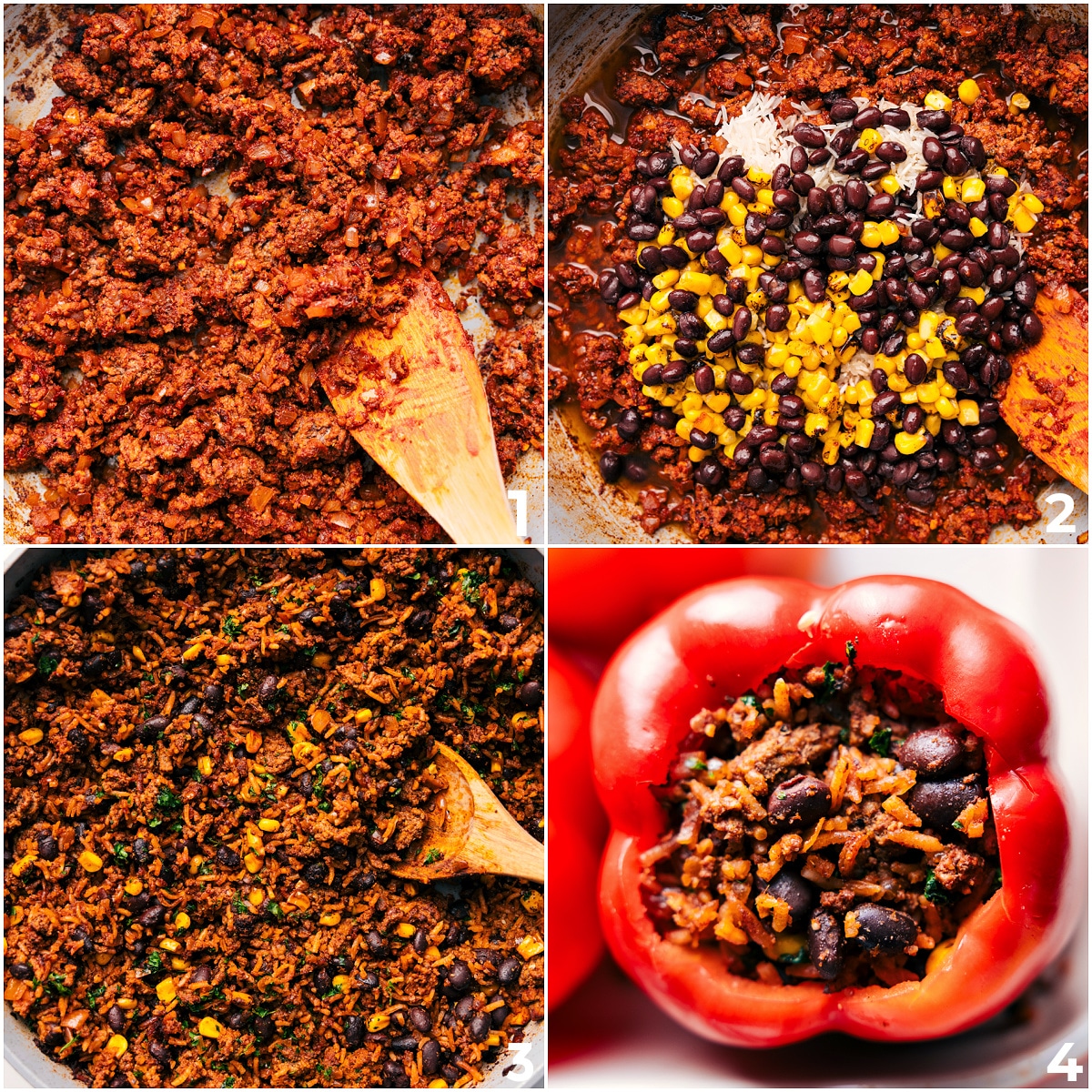 Ground beef cooked with seasonings and tomato paste, mixed with rice, beans, and corn, then stuffed into peppers for Mexican stuffed peppers.