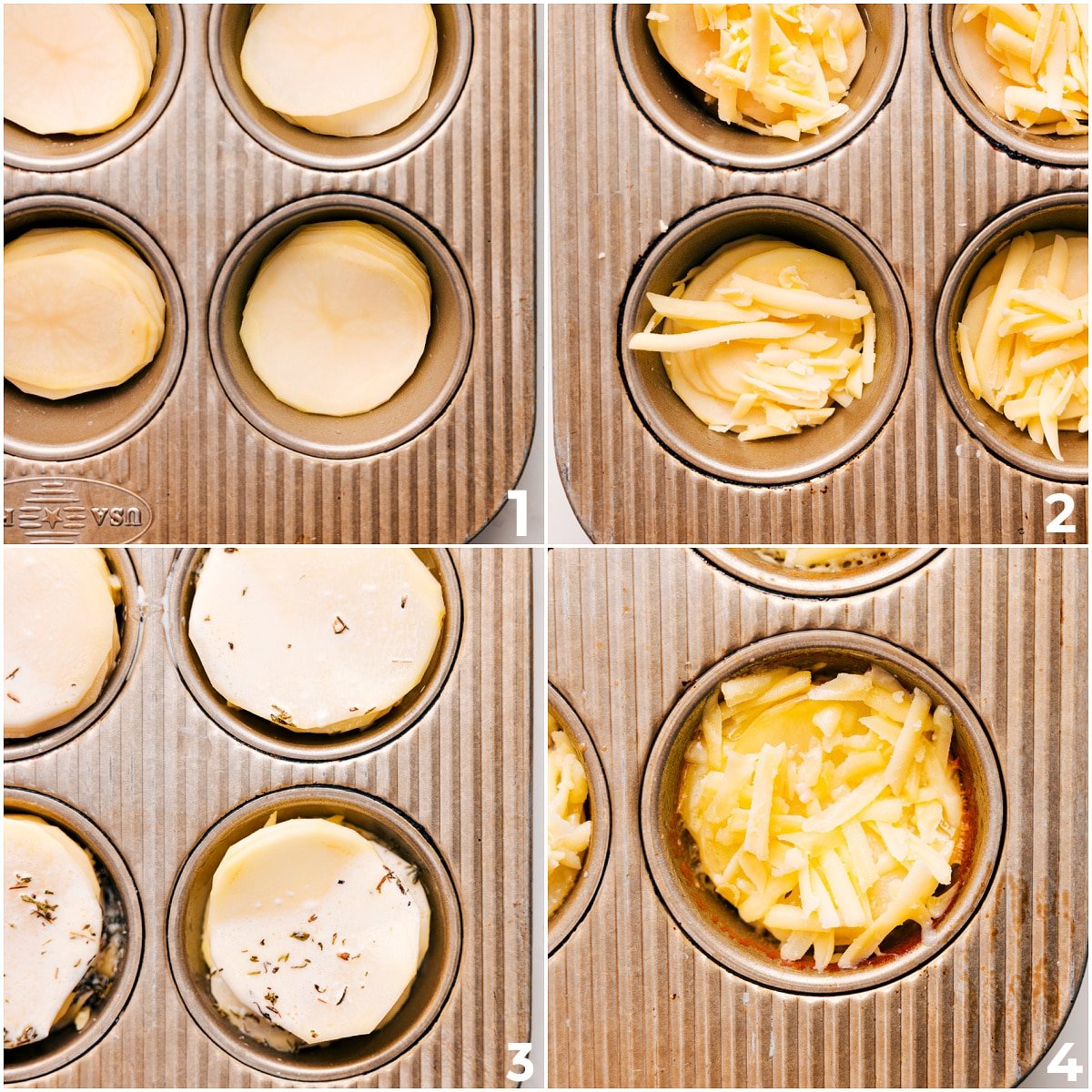 How To Make Potato Stacks Recipe Thinly sliced potatoes layered in a muffin tin with cheese, butter, garlic, cream, seasonings, and fresh thyme.
