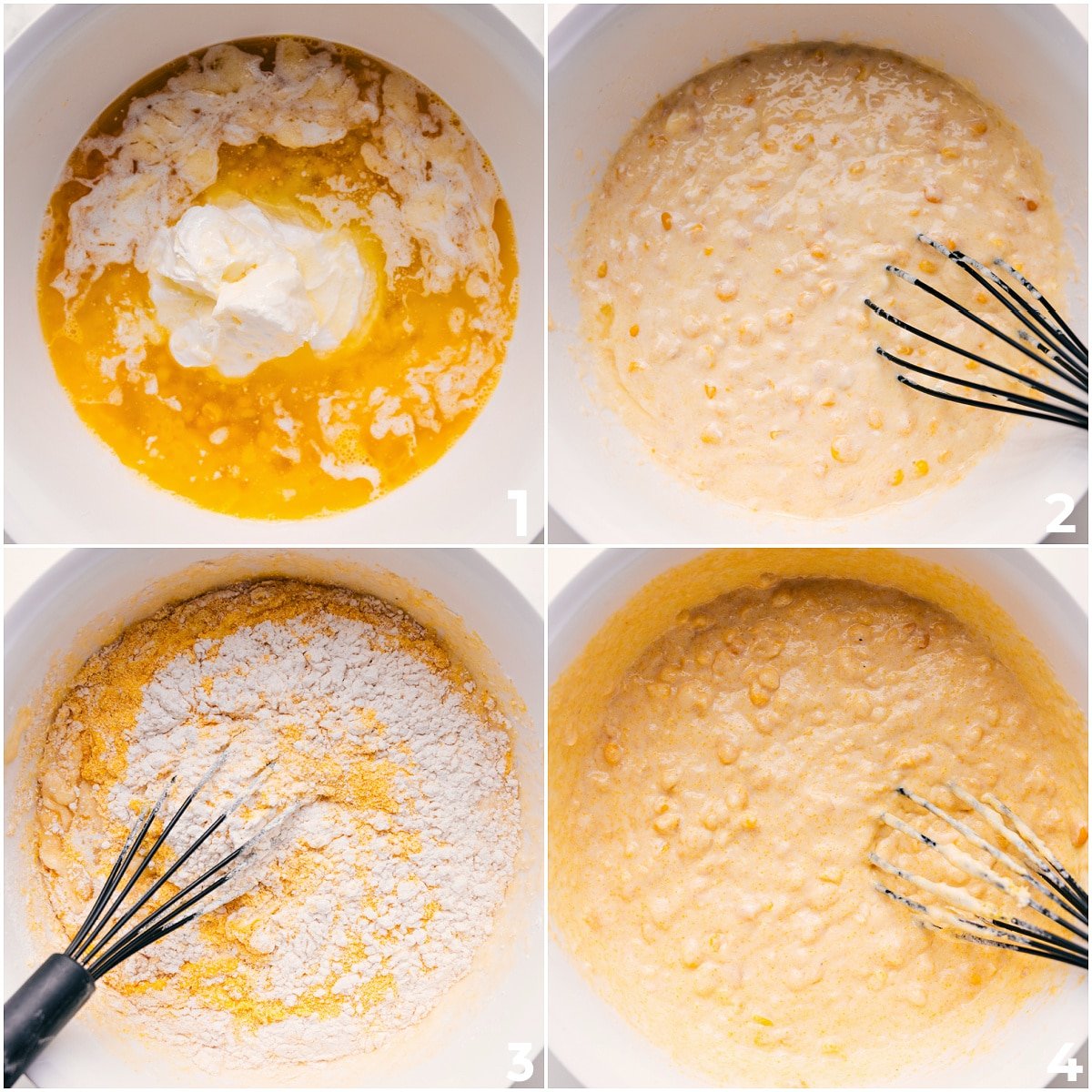 All the ingredients combined in a bowl for this corn pudding casserole and it all whisked together in a bowl to pour into the casserole dish and bake.