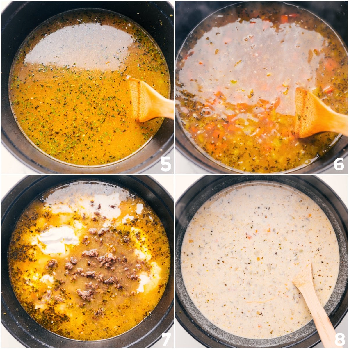 The broth and pasta added to the pot, followed by the creamy mixture and cooked beef, coming together into a rich and flavorful recipe.