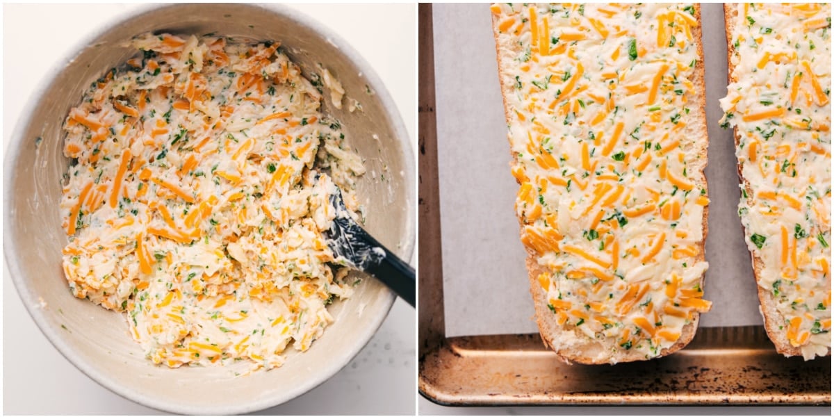 The creamy cheese mixture being combined in a bowl and spread over French bread before baking for this Cheesy Bread Recipe.