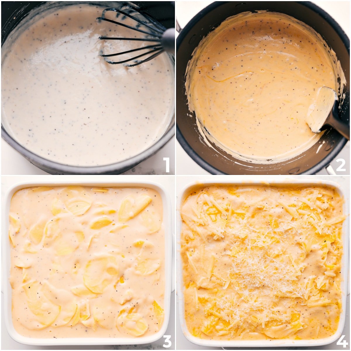 Creamy cheese sauce being whisked, then mixed with sliced potatoes before baking for cheesy scalloped potatoes.