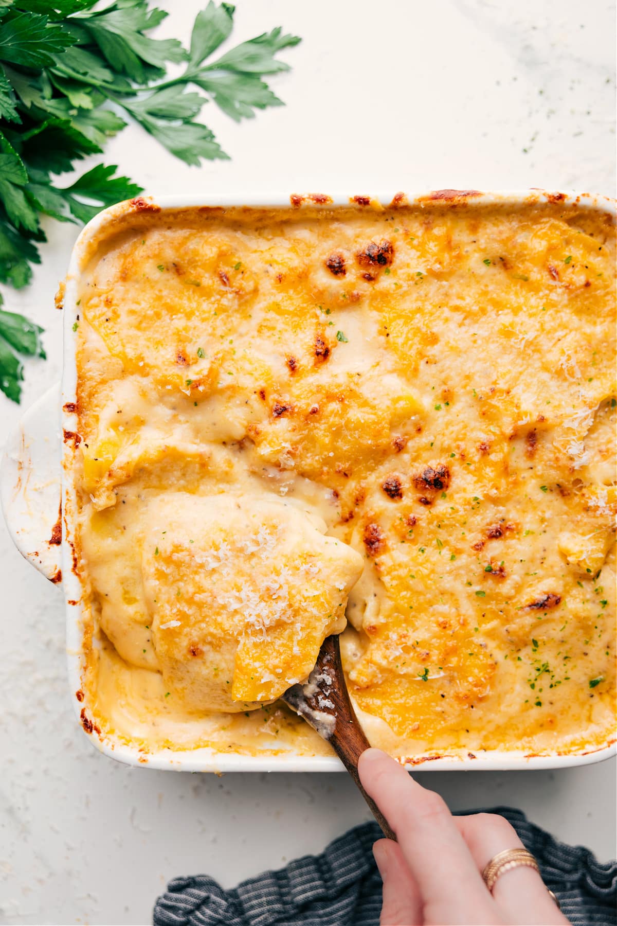Cheesy Scalloped Potatoes Are The Ultimate Comfort Food Cheesy Scalloped Potatoes being scooped from the baking dish.