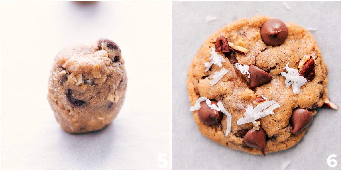 The dough balls placed on a baking sheet and then the cowboy cookies recipe baked up on the sheet pan.