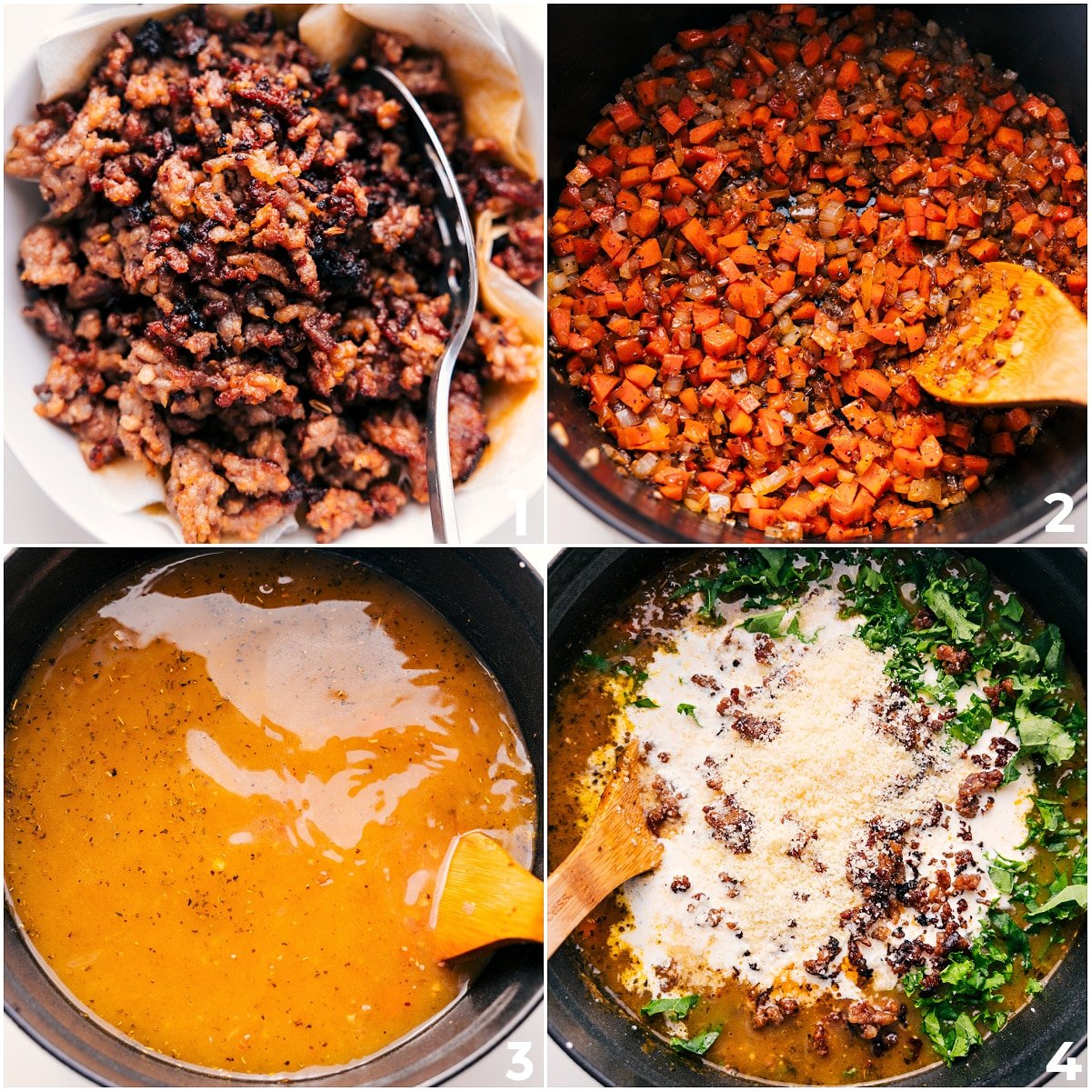 How To Make Creamy Parmesan Italian Sausage Soup Sausage browned, veggies sautéed, and everything simmering together before cream, kale, Parmesan, and sausage are added for creamy Parmesan Italian sausage soup.