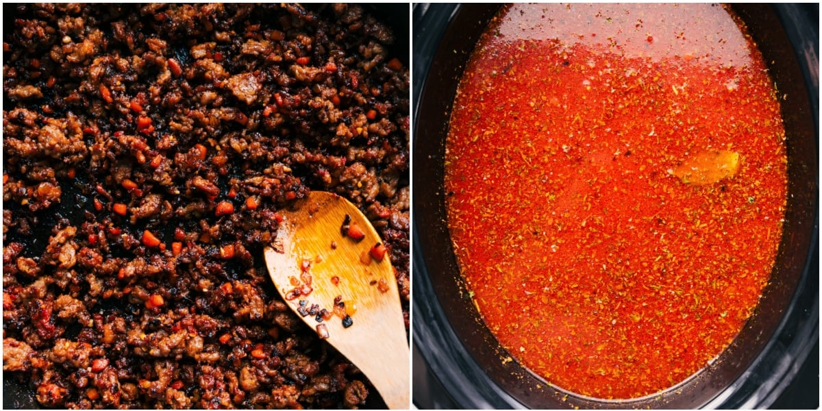 Browned sausage added to the slow cooker with the rest of the ingredients for crockpot lasagna soup.