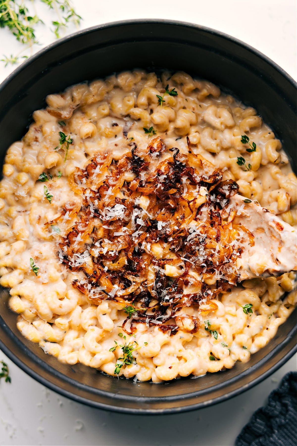 French Onion Mac And Cheese in the pot ready to be enjoyed.