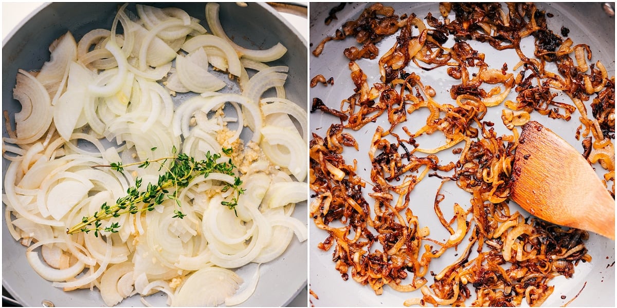 Skillet of onions cooked low and slow until deeply caramelized for French onion mac and cheese.