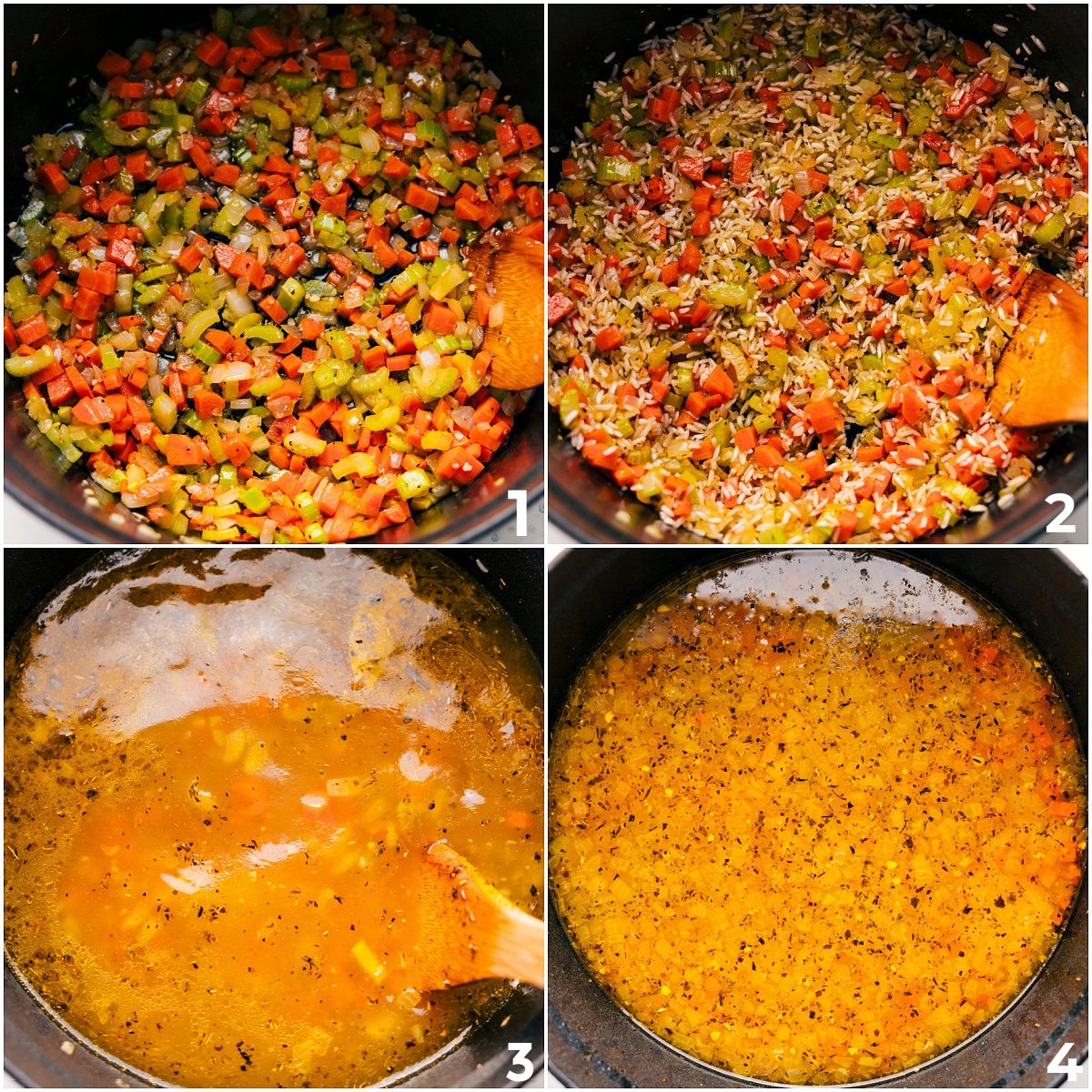 How To Make Greek Lemon Soup Veggies sautéing in a pot, then rice and broth added, cooking with the other ingredients for Greek lemon soup.