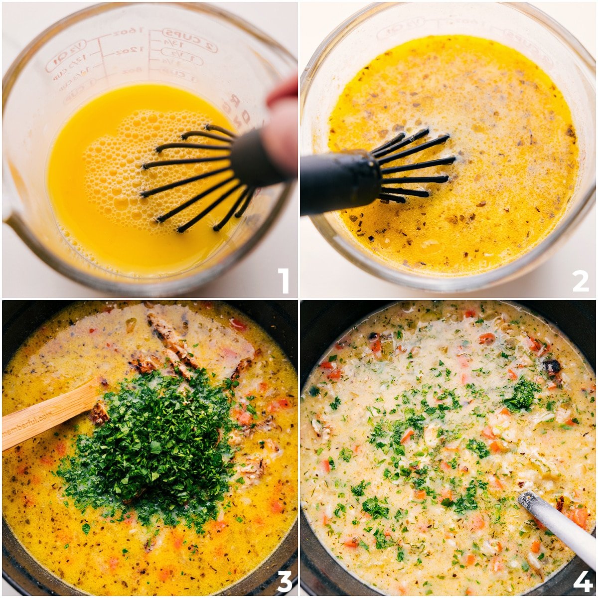 Egg Added To Greek Lemon Soup The egg being whisked together and poured into the soup along with the chicken and herbs.