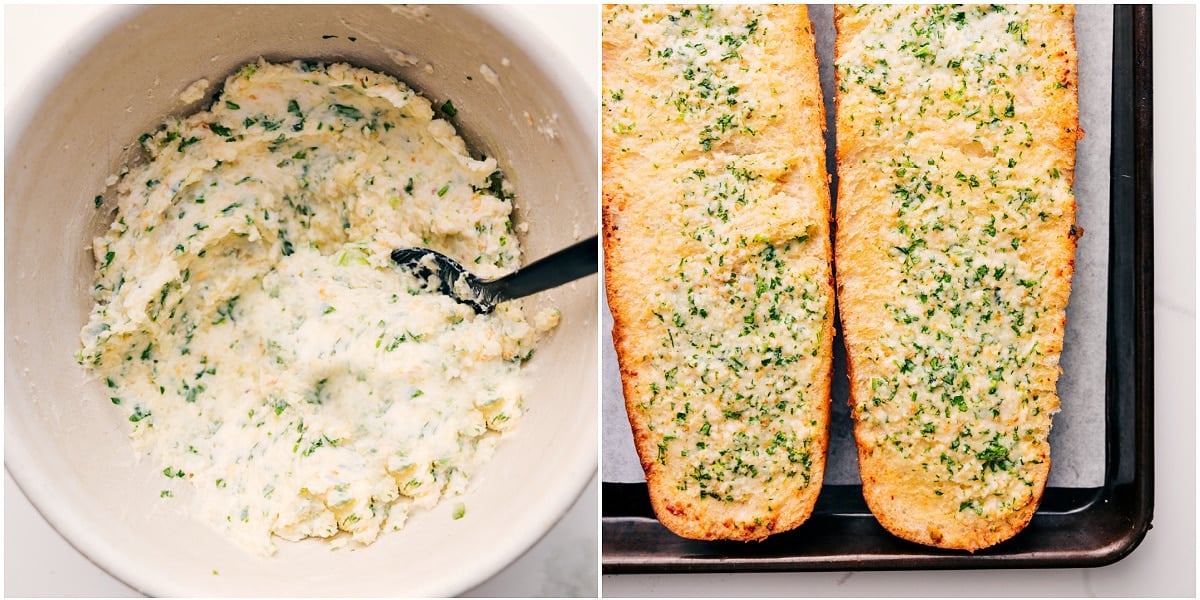 All the ingredients for this Garlic Bread Recipe mixed in a bowl, ready to be spread over French bread before baking.