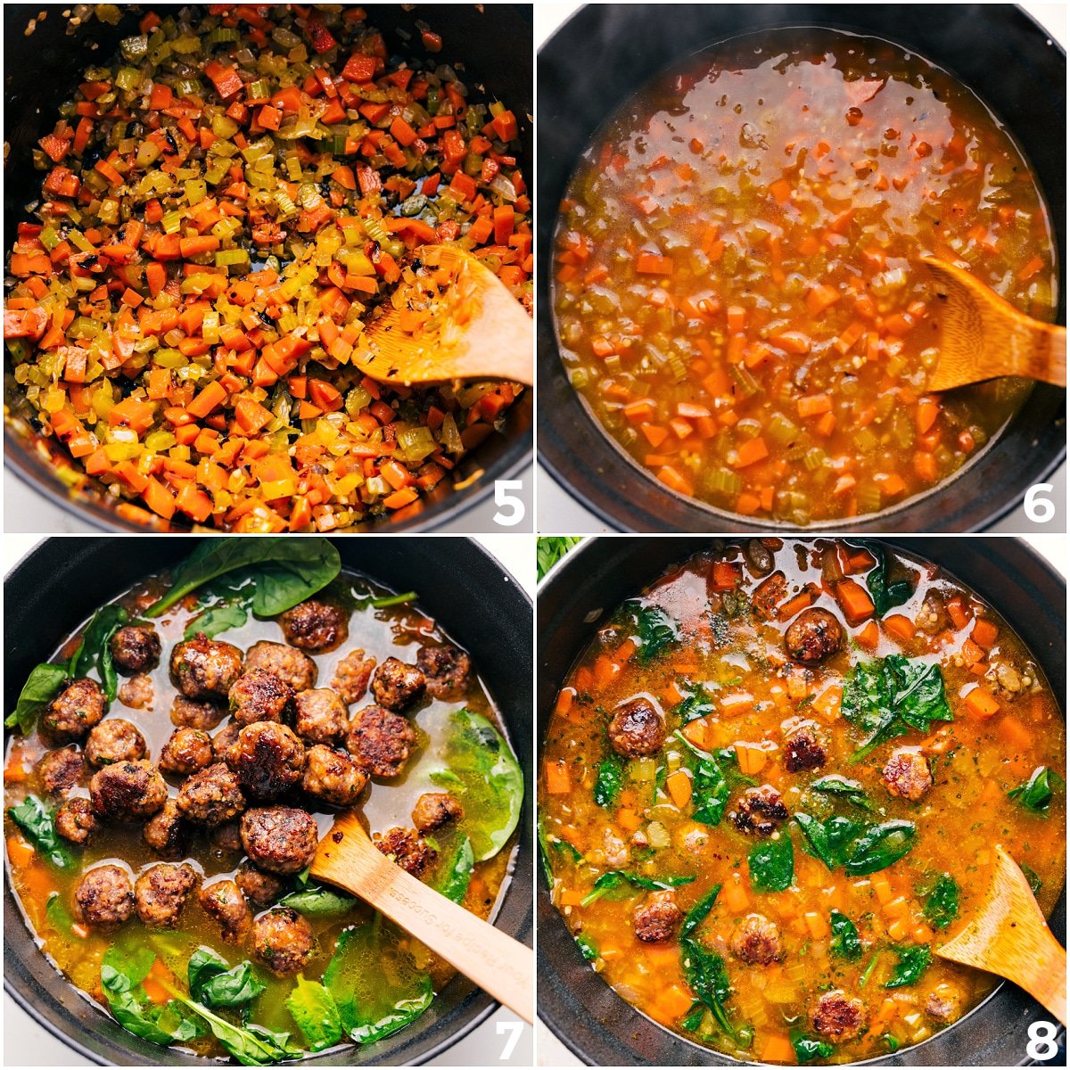 Vegetables sautéing in a pot, then simmered with broth before adding cooked meatballs and spinach for this Italian Wedding Soup Recipe.
