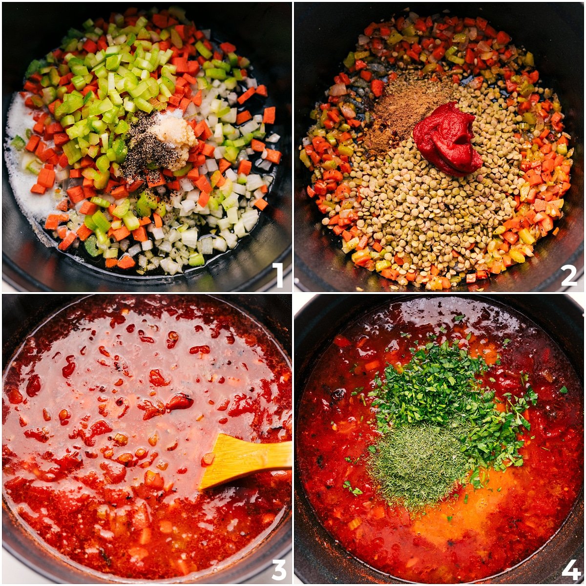 The veggies being sautéed, then the lentils and remaining ingredients added to simmer together for this Mediterranean lentil soup.