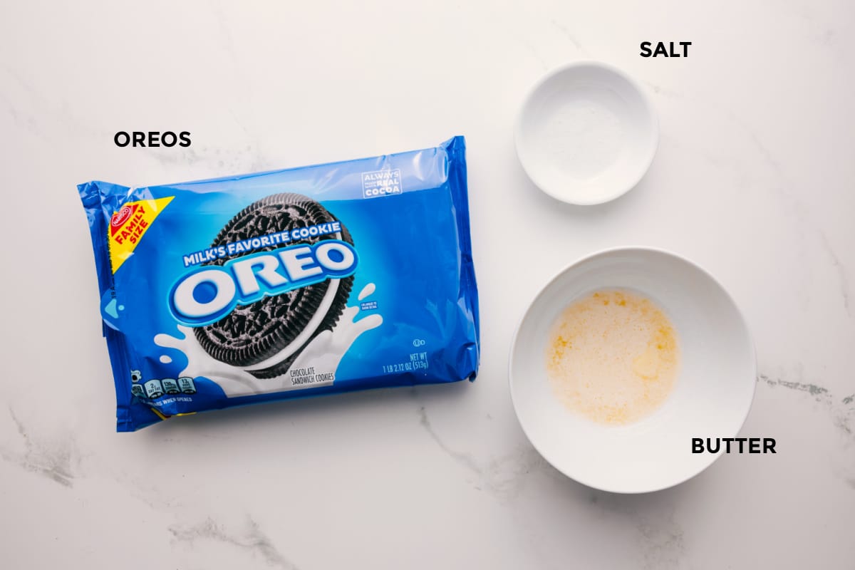Ingredients In Oreo Pie The 3 ingredients used in this recipe prepped out for easy assembly including the Oreos, salt, and butter.