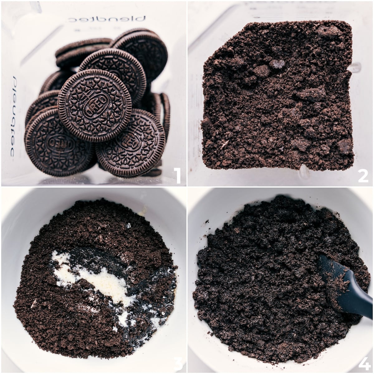 How To Make This Oreo Pie Crust Recipe Oreos blended into crumbs with butter and salt added for an Oreo pie crust recipe.