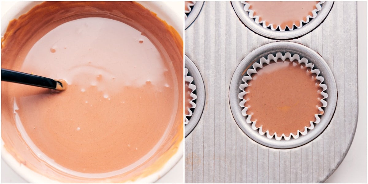 All the ingredients for these peanut butter meltaways melted together in a bowl and then poured into the mini measuring cups to harden.