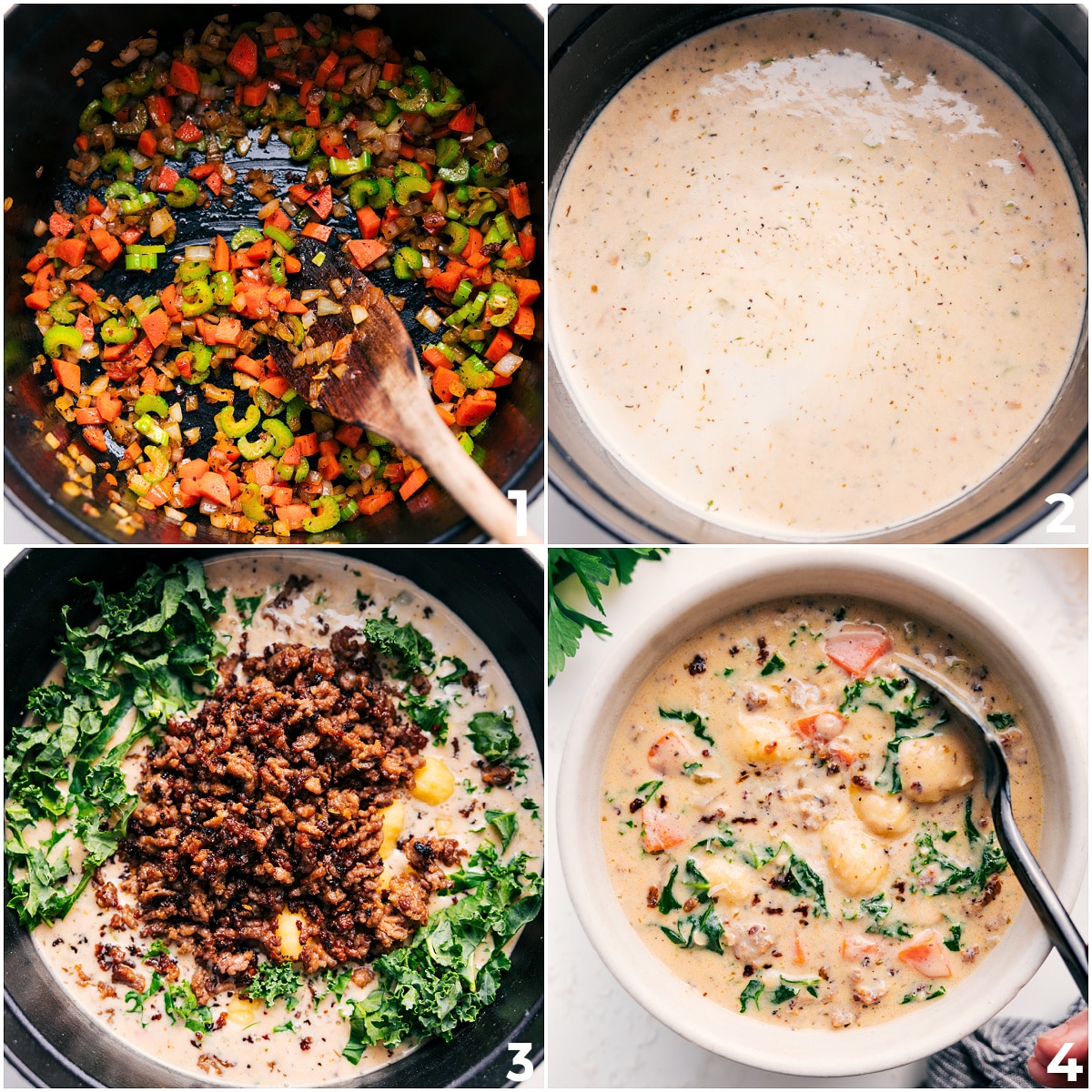 Veggies sautéing, creamy base simmering, then sausage and kale stirred in for sausage gnocchi soup.