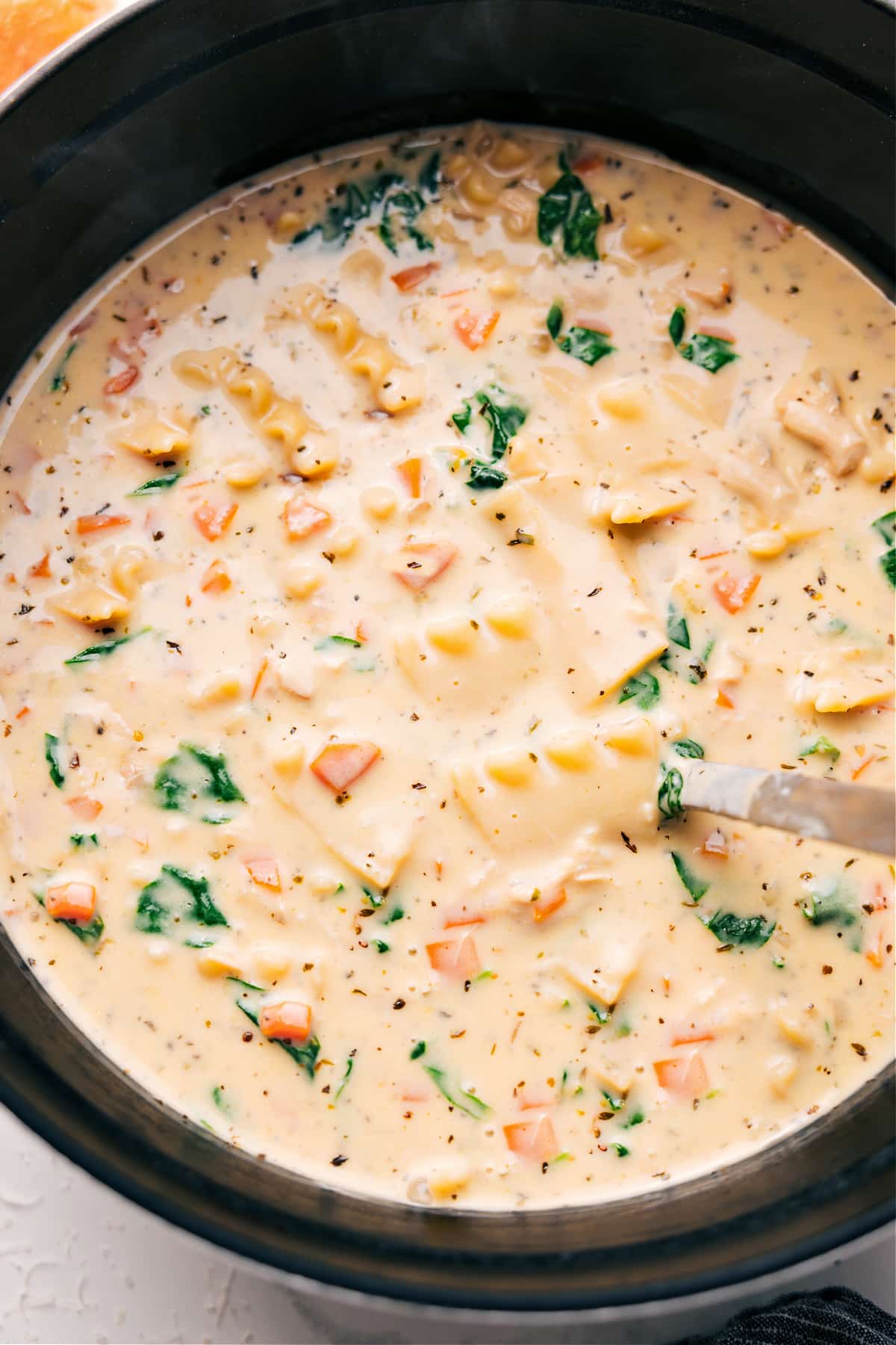 White Chicken Lasagna Soup in a pot, topped with cheese and herbs, ready to be enjoyed.