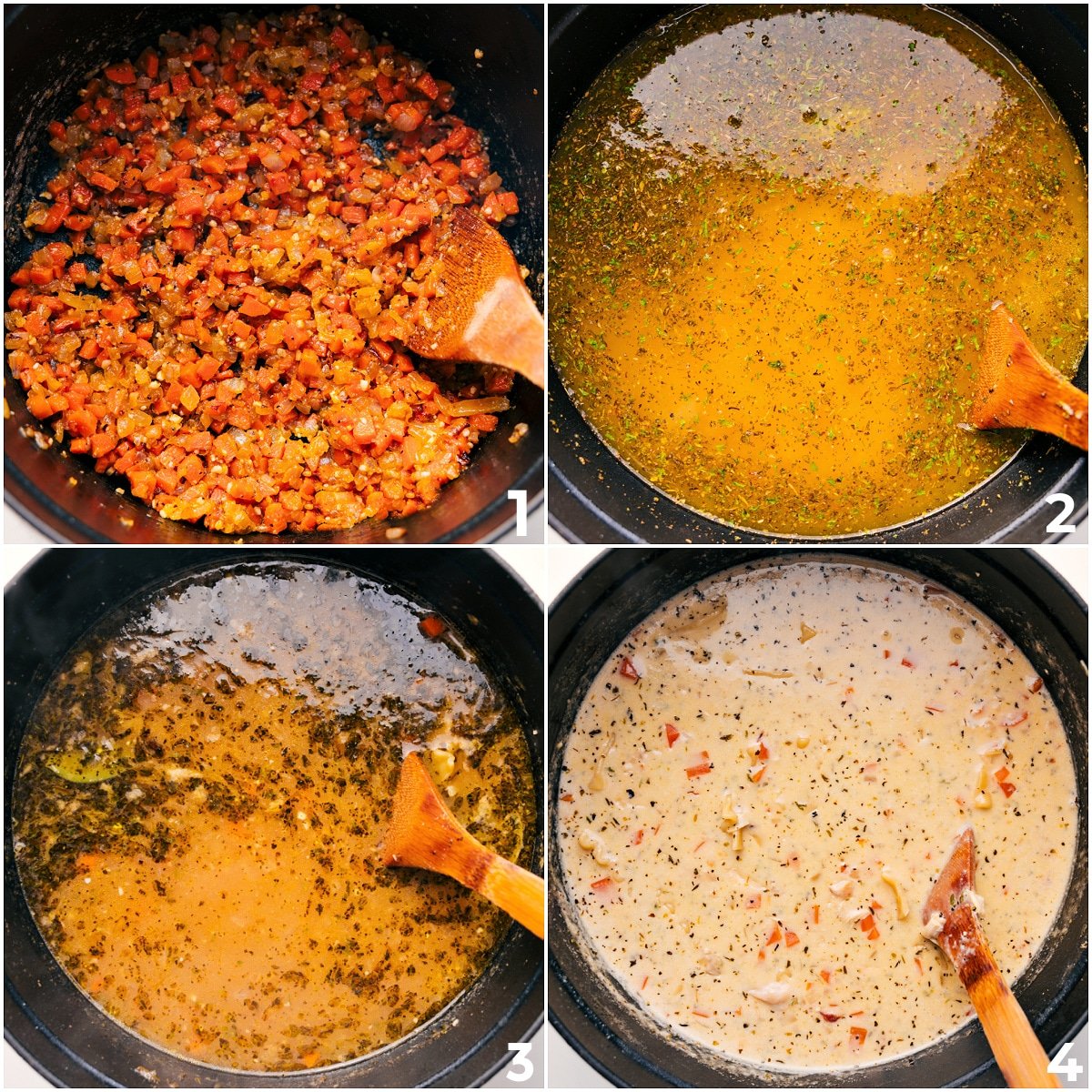 Veggies sautéing in a pot, then combined with broth and other ingredients to cook the lasagna noodles for White Chicken Lasagna Soup.