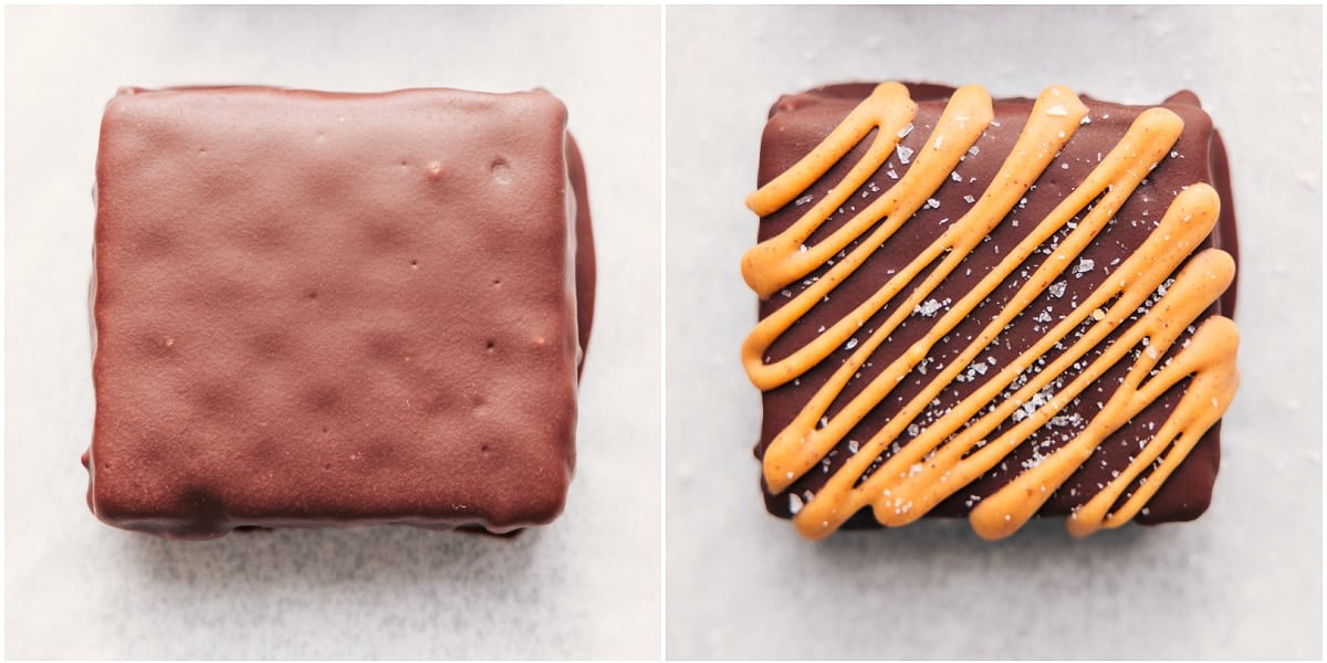 The treat dipped in chocolate and then drizzled with peanut butter on top and flaky sea salt for a delicious sweet and salty treat.