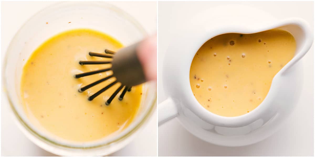 How To Make The Delicious Salad Dressing For This Salad Dressing whisked together in a bowl and added to a dressing pitcher for this Brussel sprout salad recipe.