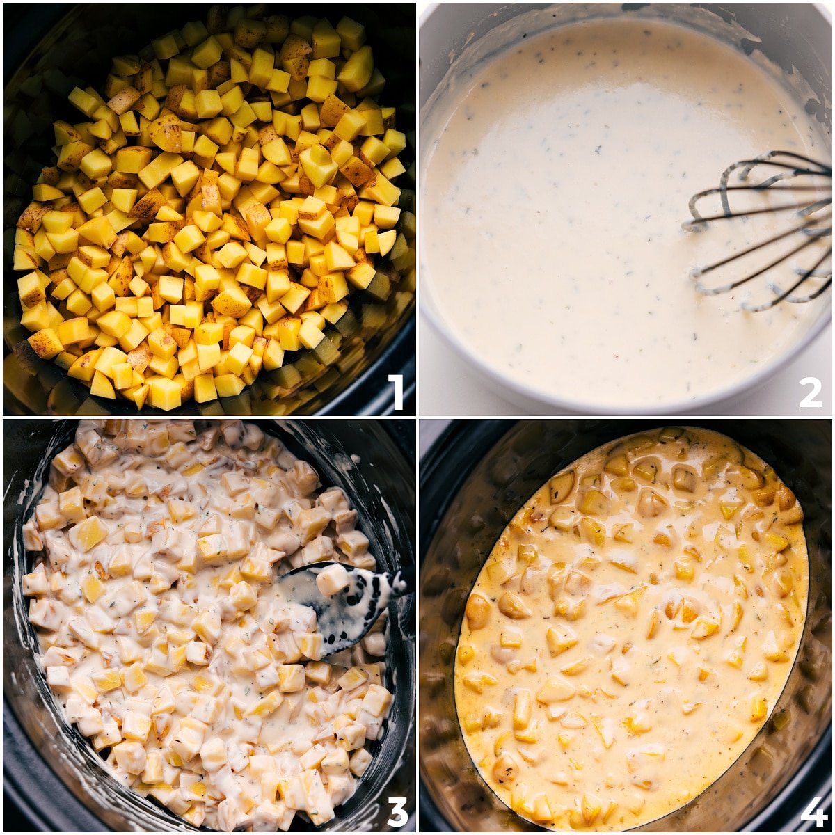 How To Make Crockpot Cheesy Potatoes Crockpot cheesy potatoes being made with diced potatoes added to the slow cooker, a creamy cheese sauce whisked together in a pot, then poured over the potatoes before slow cooking.