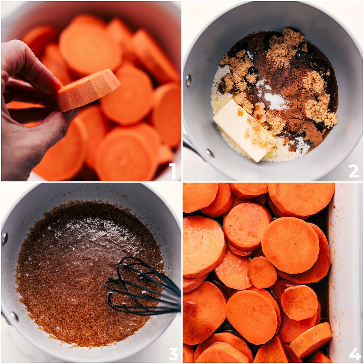How To Make Candied Yams Recipe Thinly sliced yams arranged in a pan with a sugary butter mixture poured over them to coat each slice for candied yams recipe