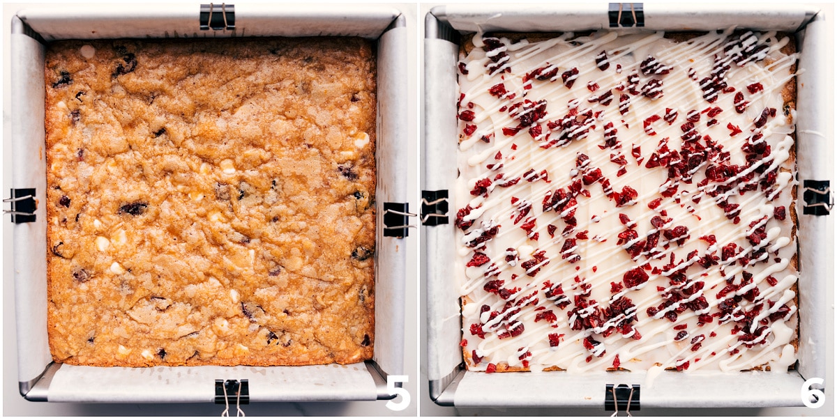 The Ultimate White Chocolate Lover Dessert: Cranberry Bliss Bars The baked bars out of the oven with the white chocolate topping and fresh chopped cranberries on top.