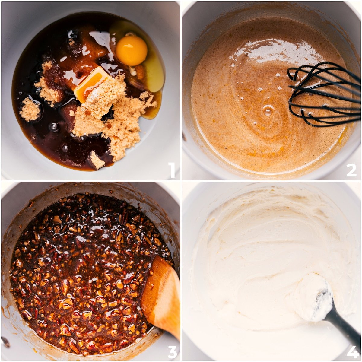 How To Make Pecan Pie Dip The sugary pecan mixture melting on the stove with pecans stirred in, alongside the cream cheese and whipped cream layer being mixed for pecan pie dip.