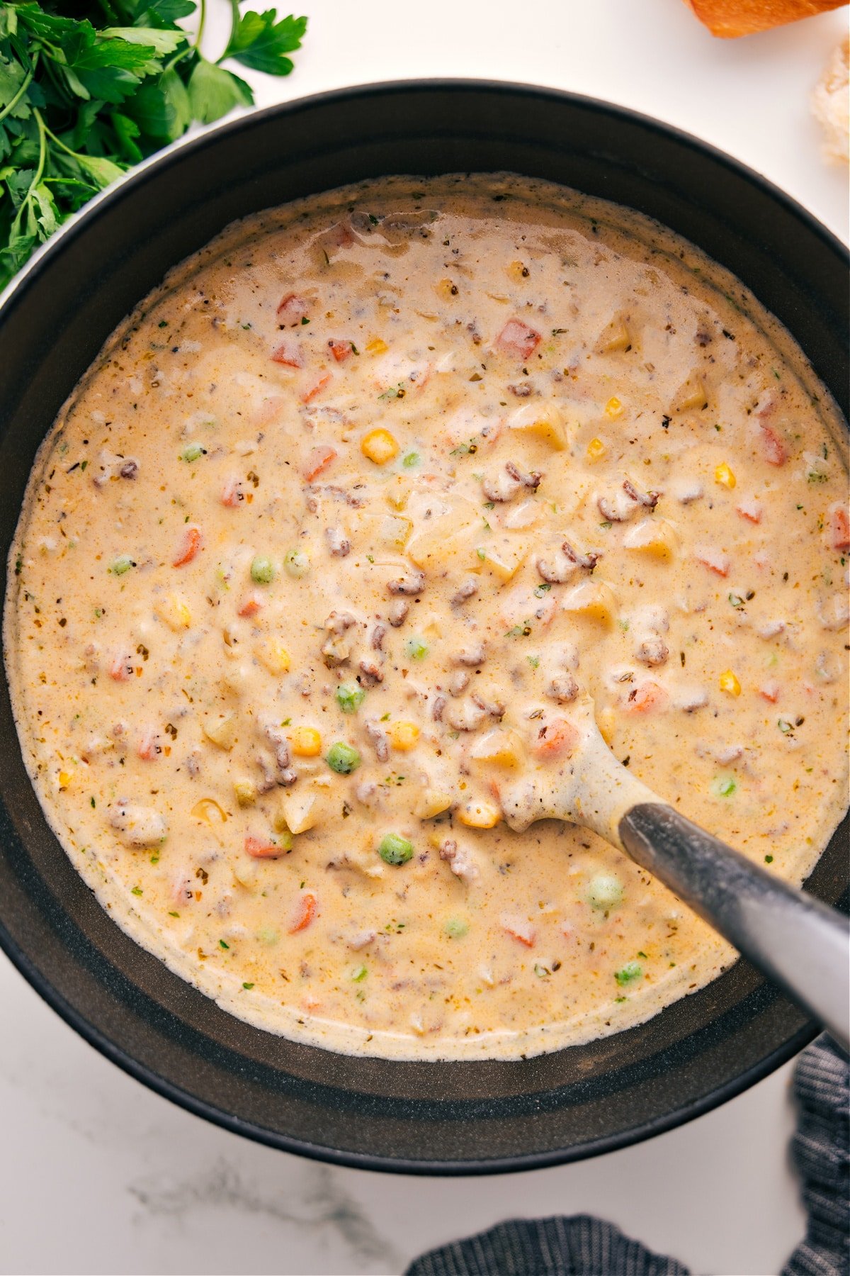 Shepherd's Pie Soup in a pot ready to be enjoyed.