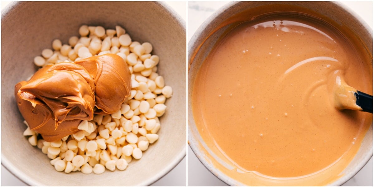 Melting White Chocolate And Peanut Butter For White Chocolate Pretzel Clusters Melting the white chocolate chips and peanut butter together for these white chocolate pretzel clusters.