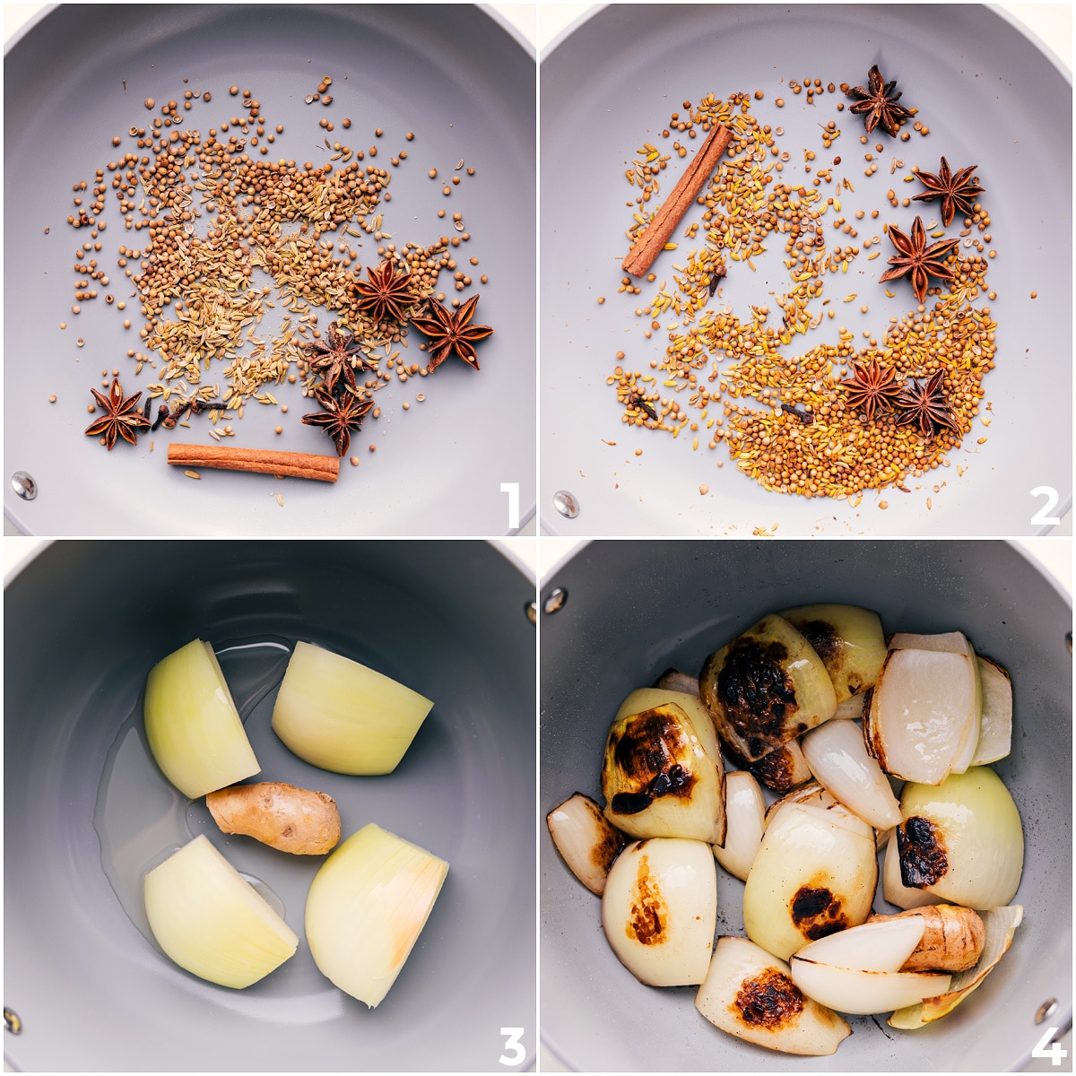 How To Make This Chicken Pho Recipe Spices and seasonings toasting in a pan before onions and ginger for this chicken pho recipe.