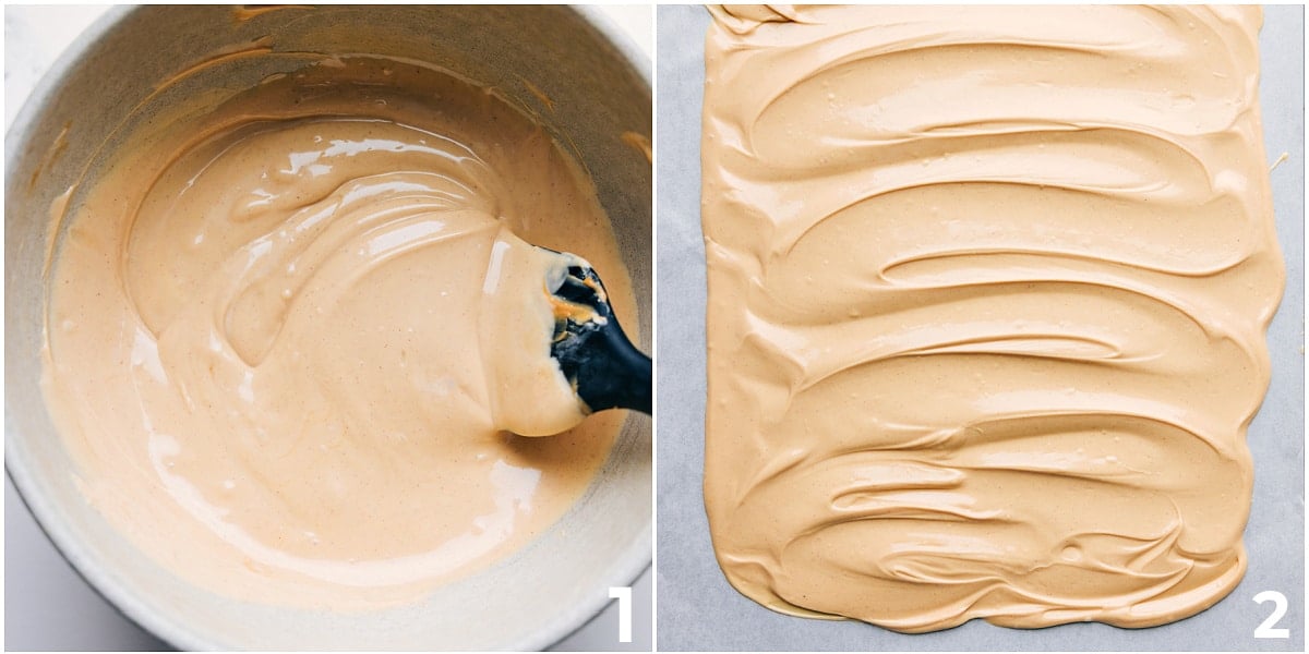 How To Make Peanut Butter Bark The peanut butter and white chocolate base for this peanut butter bark melted together and spread on a sheet pan.