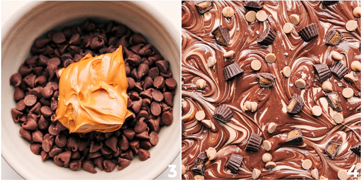 Double Chocolate Peanut Butter Bark Is A No-Bake Treat Everyone Loves The chocolate and peanut butter layer being melted together and spread over the white chocolate layer and then the toppings pressed on top.