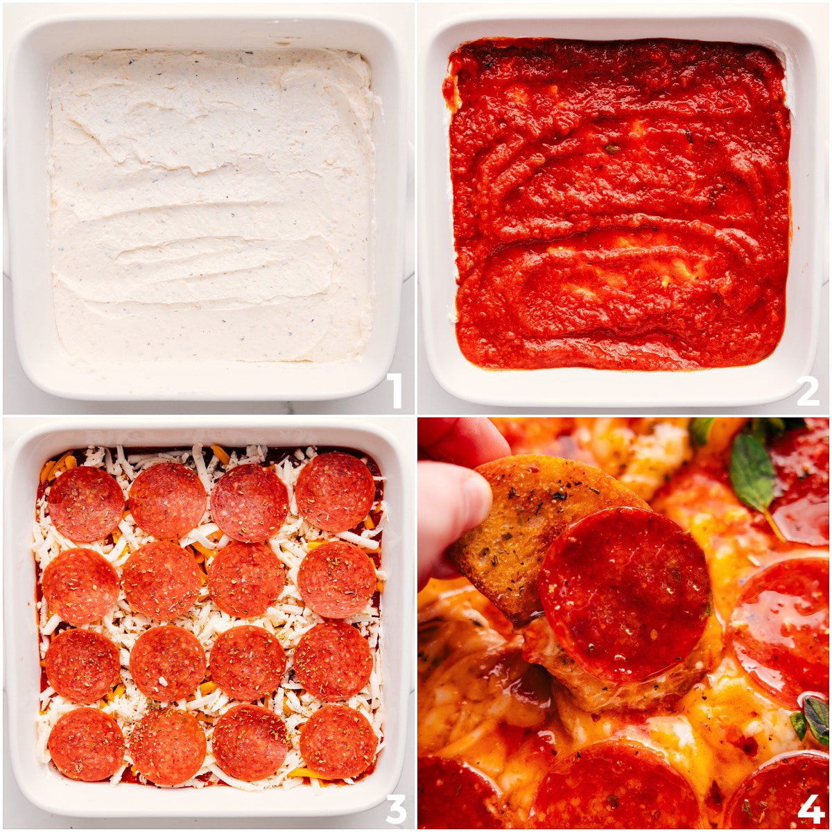 How To Make This Game Day Ready Pizza Dip Recipe All the layers of this pizza dip recipe being layered into the pan and then baked.