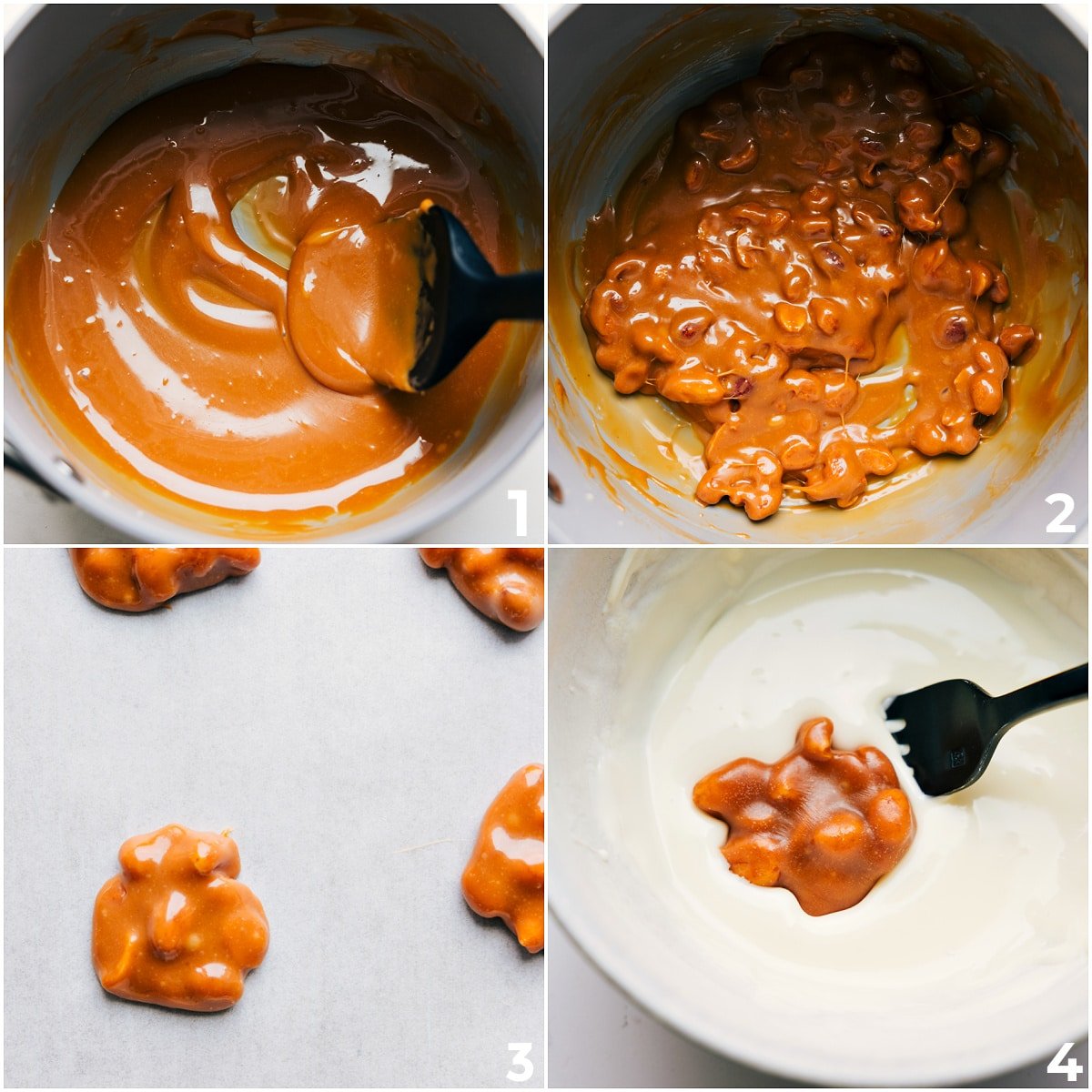 Caramel melted and mixed with peanuts, left to firm, then dipped in white chocolate to make Polar Bear Paws.