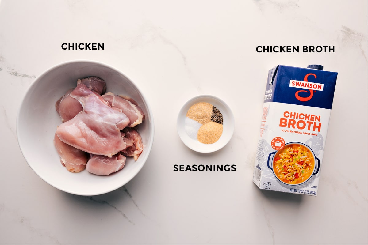 Ingredients In These Shredded Chicken Recipes Ingredients in this recipe prepped out for easy assembly including the chicken, seasonings, and chicken broth.
