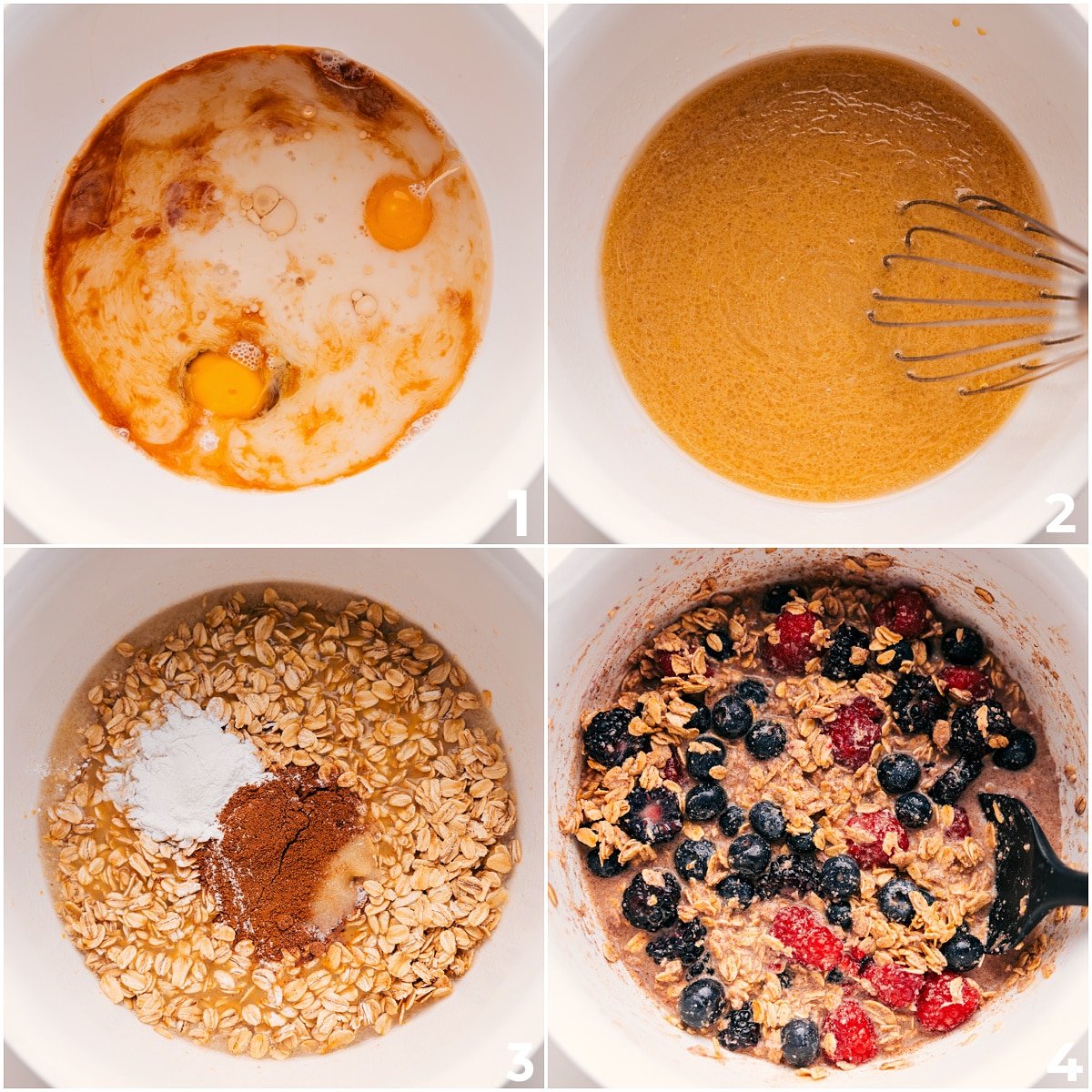 How To Make This Flavorful And Delicious Berry Oatmeal Bake All the ingredients being whisked together in a bowl to form the batter for this berry oatmeal bake.