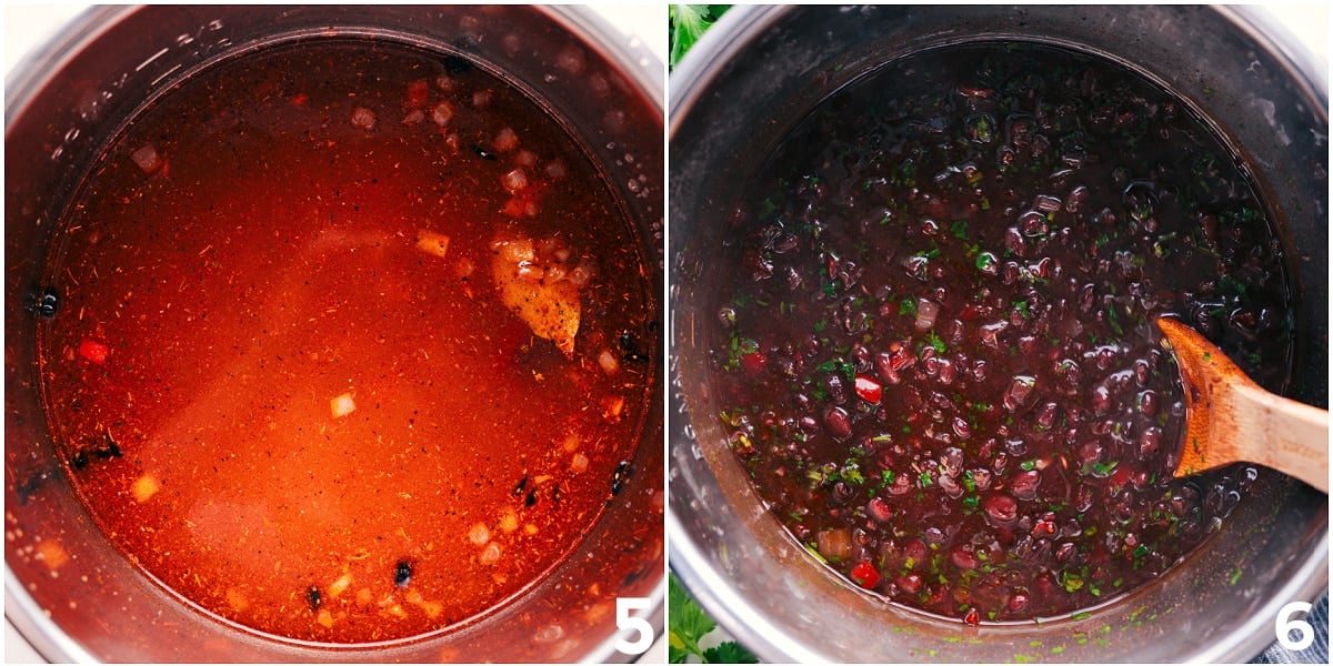Instant Pot Black Beans Recipe The broth being added and the dish being pressure cooked.