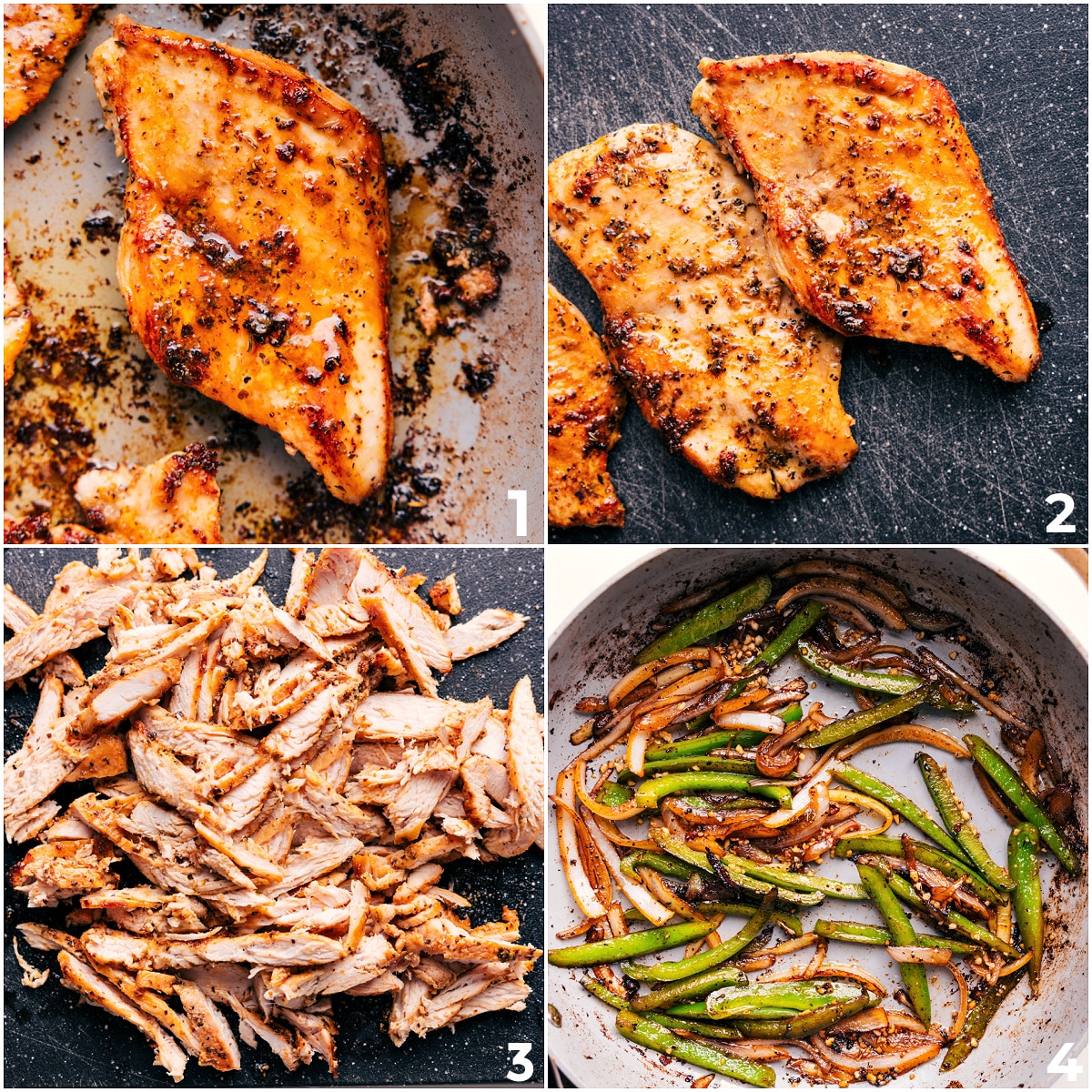 How To Make Chicken Philly Cheesesteak Recipe The chicken being cooked through on a pan, then chopped, and the peppers and onions being cooked for this chicken philly cheesesteak recipe.