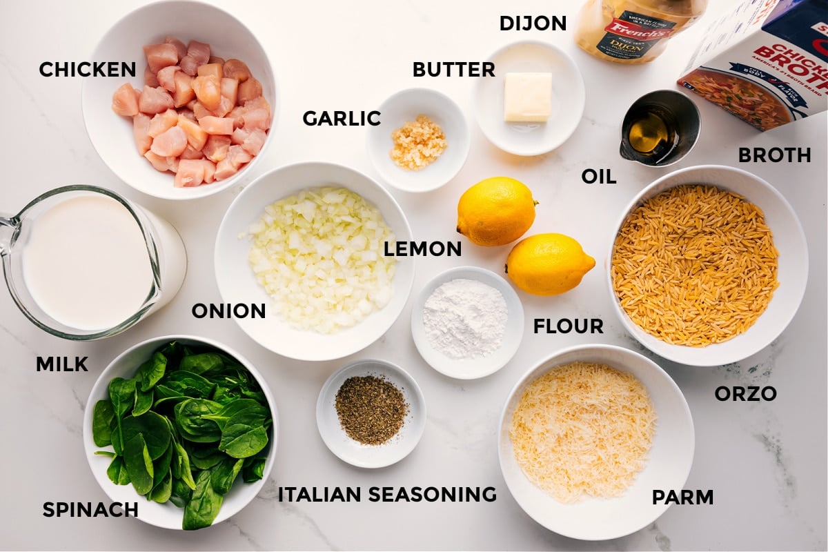 Ingredients In Lemon Chicken Orzo Recipe All ingredients prepped for this recipe, including chicken, orzo, spinach, garlic, lemon, Parmesan, broth, and seasonings.