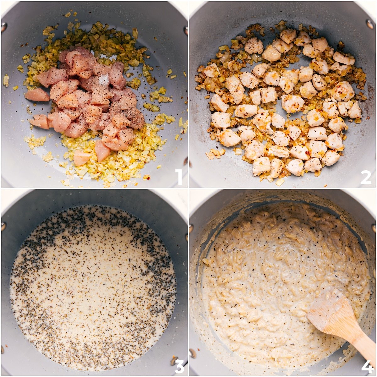How To Make Lemon Chicken Orzo Recipe Onion and garlic sautéed in a skillet with chicken cooking through before the cream, broth, and orzo are added for this lemon chicken orzo recipe.