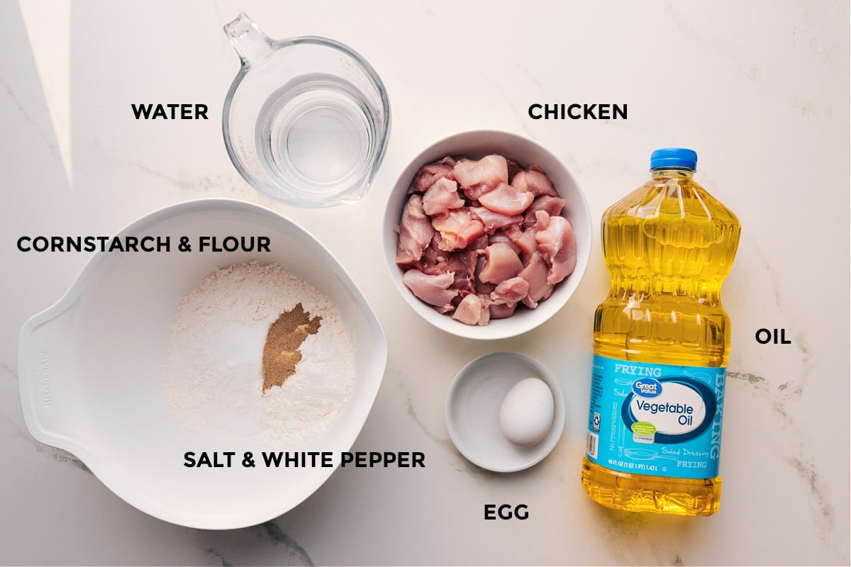 Ingredients In Panda Express Orange Chicken Recipe All the ingredients in this Panda Express orange chicken recipe prepped out for easy assembly including the water, cornstarch, salt, white pepper, chicken, egg, and oil.