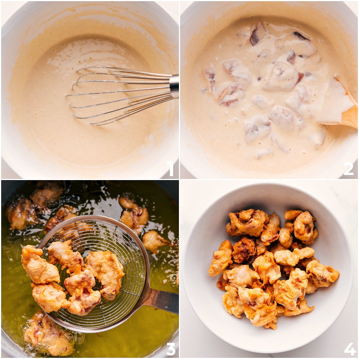 How To Make Panda Express Orange Chicken Recipe Chicken batter whisked smooth, chicken pieces added, and the chicken being deep fried until golden.