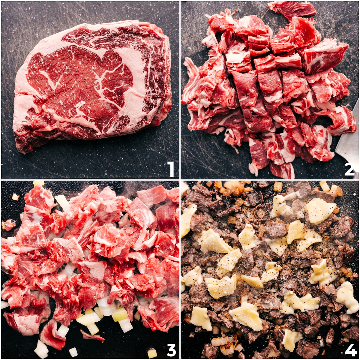 How To Make This Philly Cheesesteak Recipe Ribeye being shredded and cooked with seasonings and provolone for this Philly cheesesteak recipe.